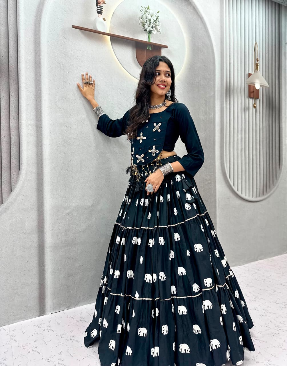 STYLISH BLACK PURE COTTON COWRIE WORK LEHENGA CHOLI SET