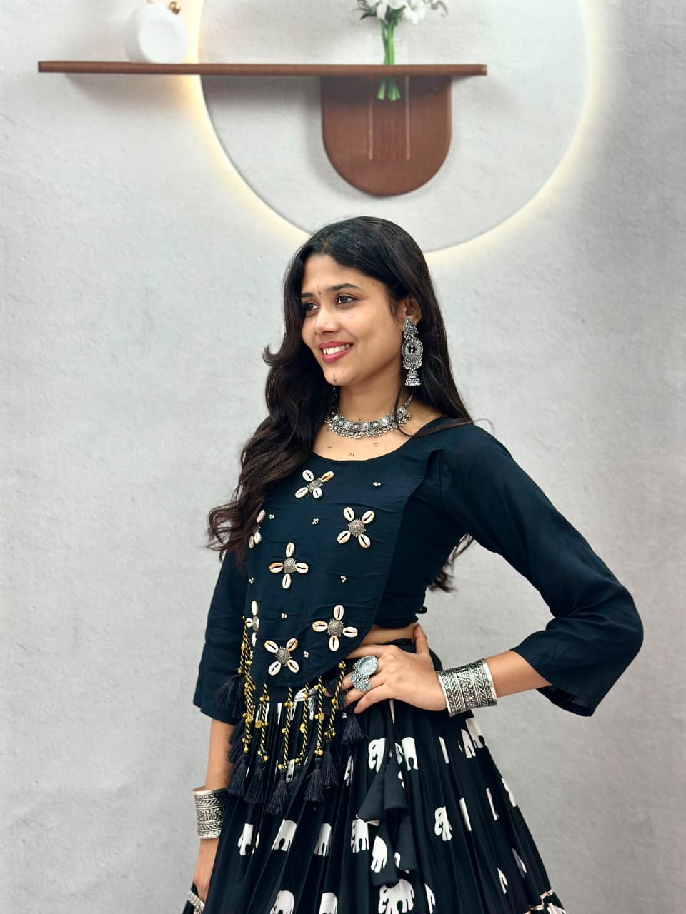 STYLISH BLACK PURE COTTON COWRIE WORK LEHENGA CHOLI SET