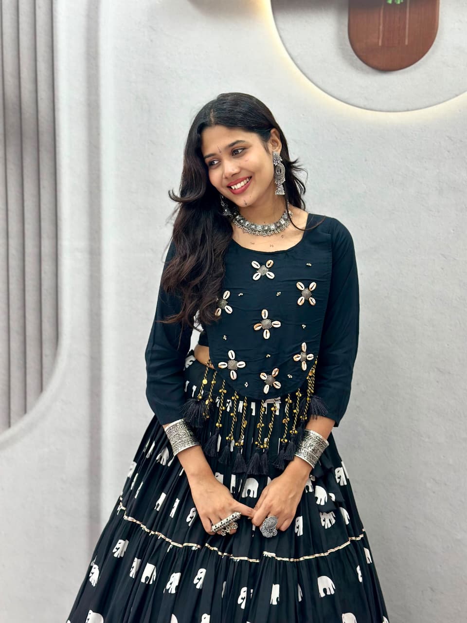 STYLISH BLACK PURE COTTON COWRIE WORK LEHENGA CHOLI SET