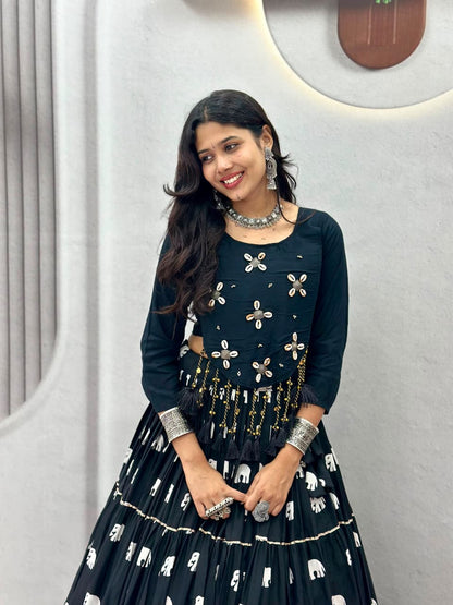 STYLISH BLACK PURE COTTON COWRIE WORK LEHENGA CHOLI SET