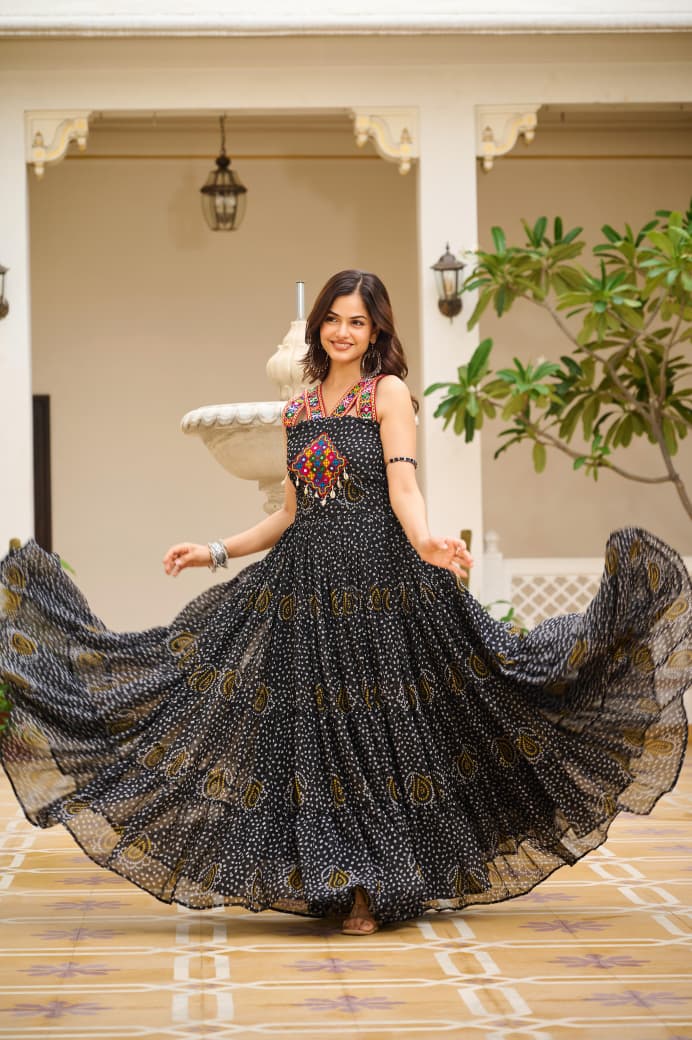 NAVRATRI BANDHANI GEORGETTE GOWN FOR WOMEN WITH GAMATHI WORK
