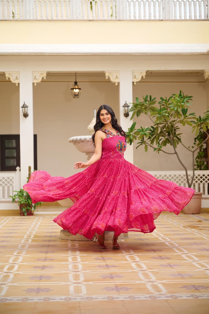 NAVRATRI BANDHANI GEORGETTE GOWN FOR WOMEN WITH GAMATHI WORK