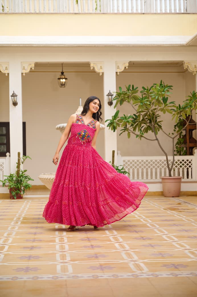 NAVRATRI BANDHANI GEORGETTE GOWN FOR WOMEN WITH GAMATHI WORK