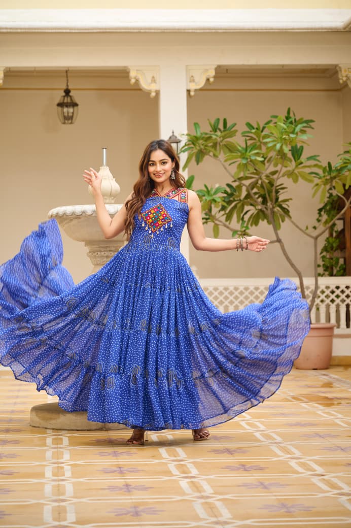 NAVRATRI BANDHANI GEORGETTE GOWN FOR WOMEN WITH GAMATHI WORK