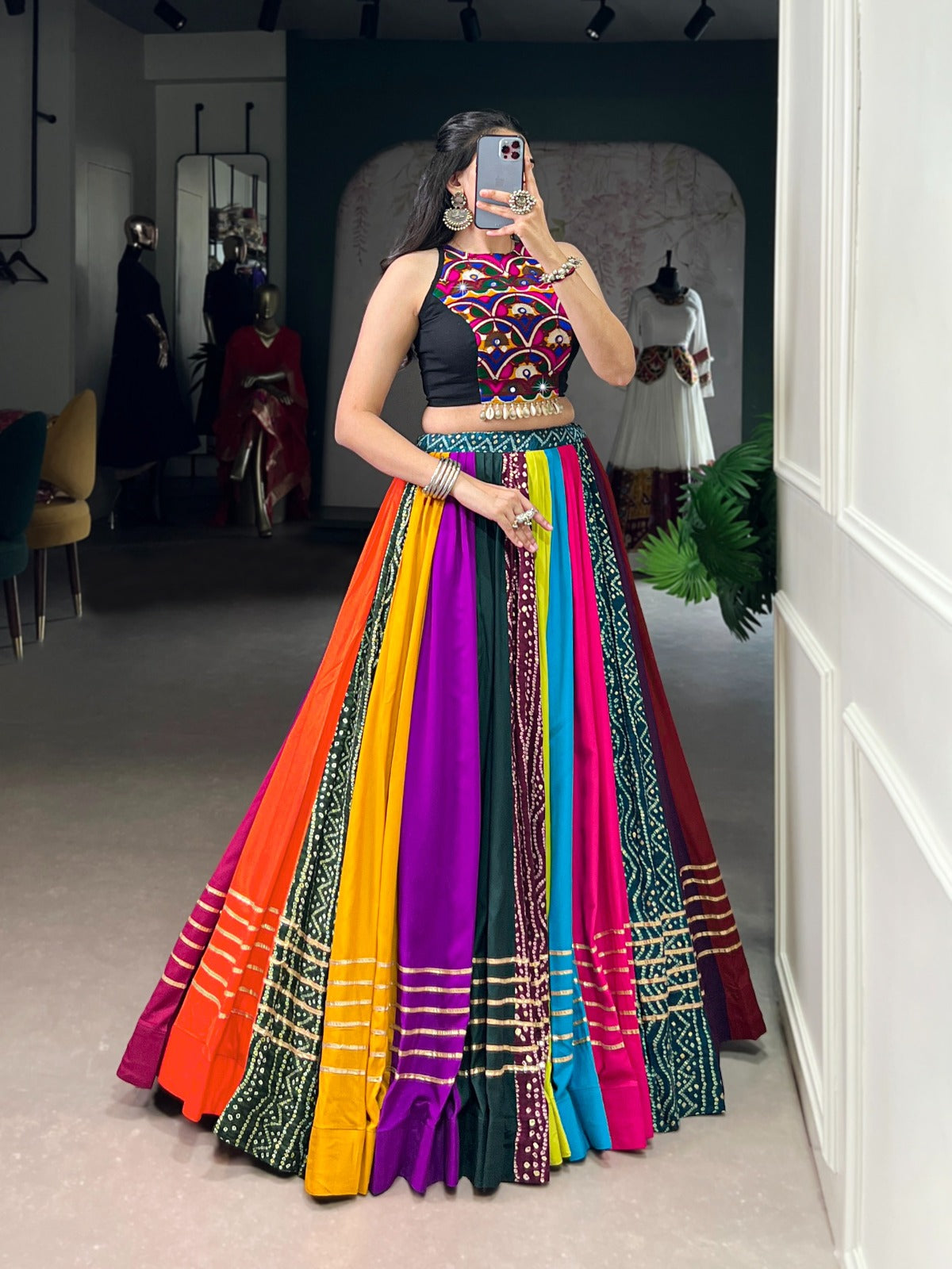 RAINBOW RASIYA NAVRATRI LEHENGA CHOLI WITH BLACK HALTER NECK BLOUSE