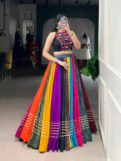 RAINBOW RASIYA NAVRATRI LEHENGA CHOLI WITH BLACK HALTER NECK BLOUSE
