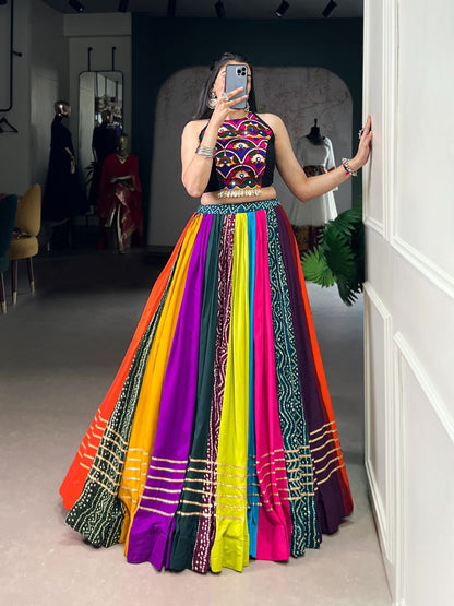 RAINBOW RASIYA NAVRATRI LEHENGA CHOLI WITH BLACK HALTER NECK BLOUSE