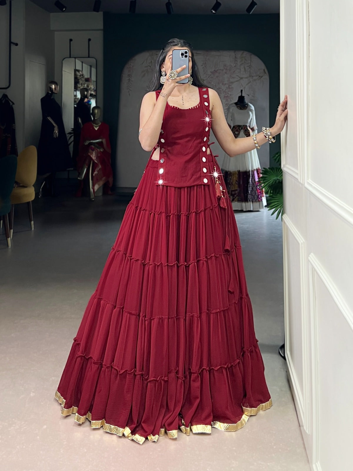 DESIGNER NAVRATRI LEHENGA CHOLI WITH MIRROR WORK & GOLD LACE