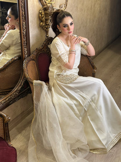WHITE CHINON KURTA SET WITH BOTTAM & DUPATTA