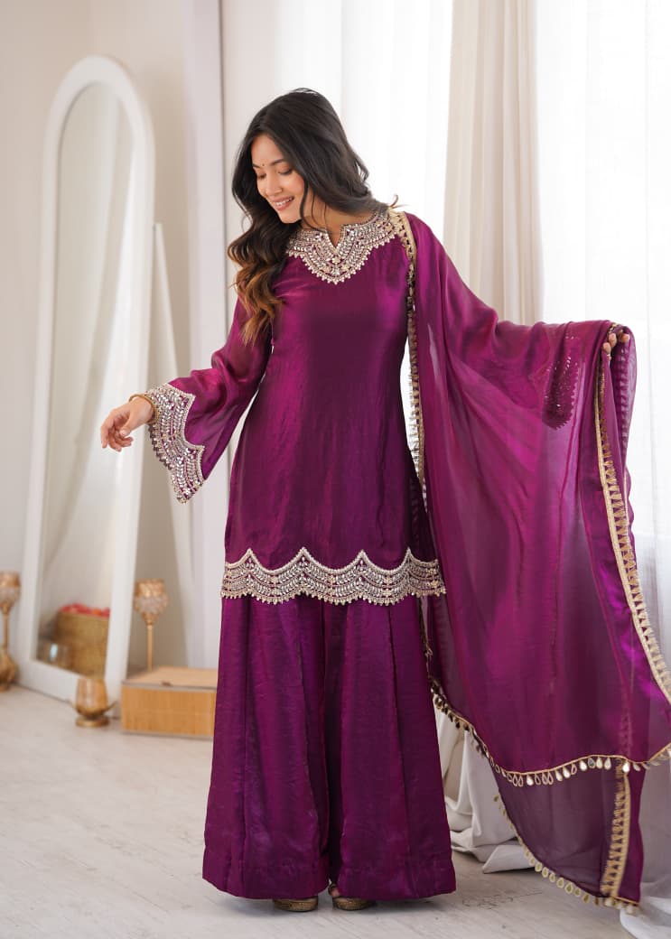 PURPLE SHARARA KURTA SET