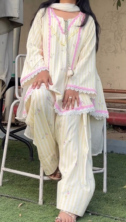 LEMON YELLOW NATURAL CREPE FARSHI PANT SUIT SET