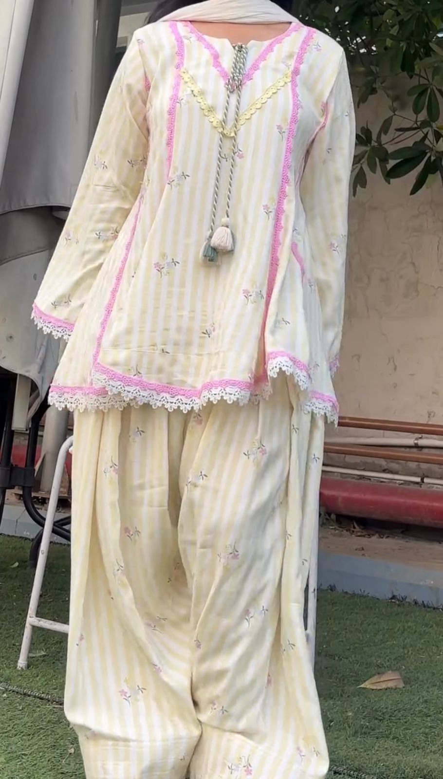 LEMON YELLOW NATURAL CREPE FARSHI PANT SUIT SET