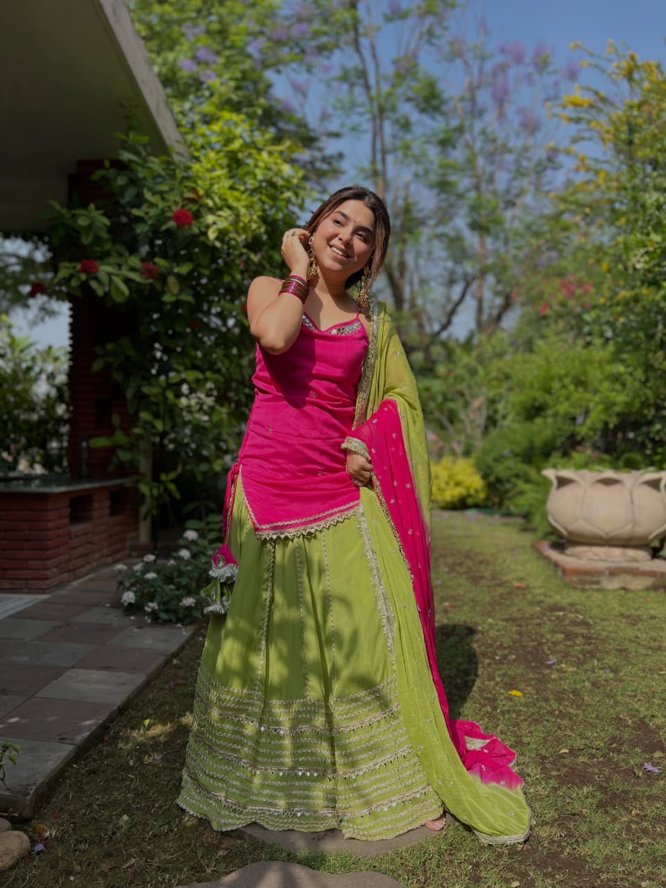NEHA'S HOT PINK & PARROT GREEN SUIT , SKIRT WITH DUPATTA