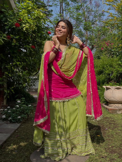 NEHA'S HOT PINK & PARROT GREEN SUIT , SKIRT WITH DUPATTA