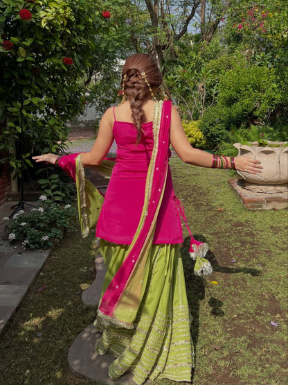 NEHA'S HOT PINK & PARROT GREEN SUIT , SKIRT WITH DUPATTA