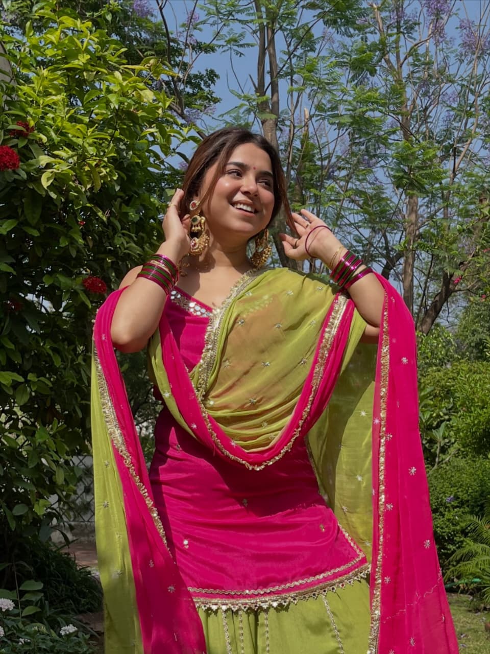 NEHA'S HOT PINK & PARROT GREEN SUIT , SKIRT WITH DUPATTA