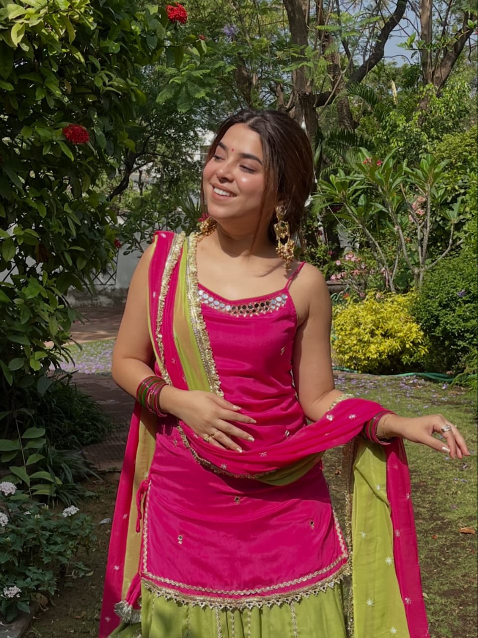 NEHA'S HOT PINK & PARROT GREEN SUIT , SKIRT WITH DUPATTA