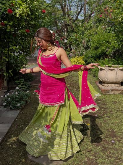 NEHA'S HOT PINK & PARROT GREEN SUIT , SKIRT WITH DUPATTA
