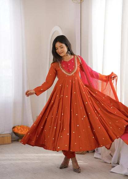 ROMAN SILK ANARKALI GOWN WITH REAL MIRROR WORK AND PINK DUPATTA