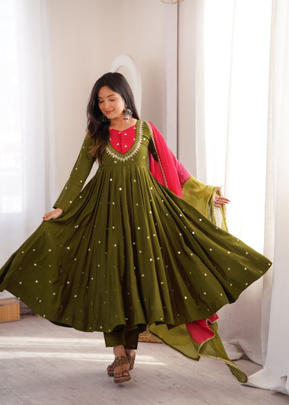 ROMAN SILK ANARKALI GOWN WITH REAL MIRROR WORK AND PINK DUPATTA