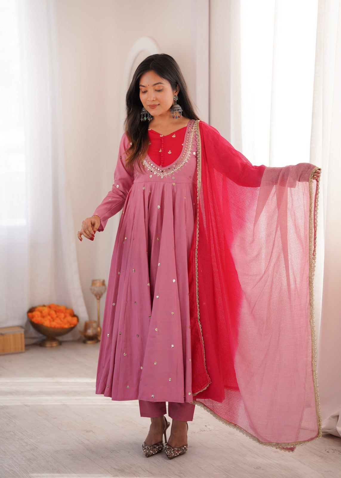 ROMAN SILK ANARKALI GOWN WITH REAL MIRROR WORK AND PINK DUPATTA