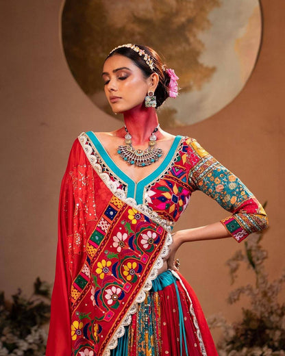RED & SKY BLUE NAVRATRI LEHENGA CHOLI