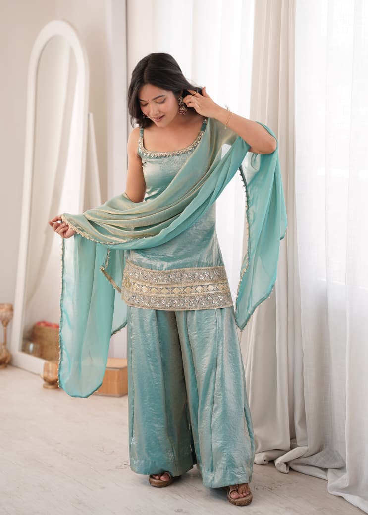 SEA GREEN EMBROIDERED PLAZZO SUIT SET