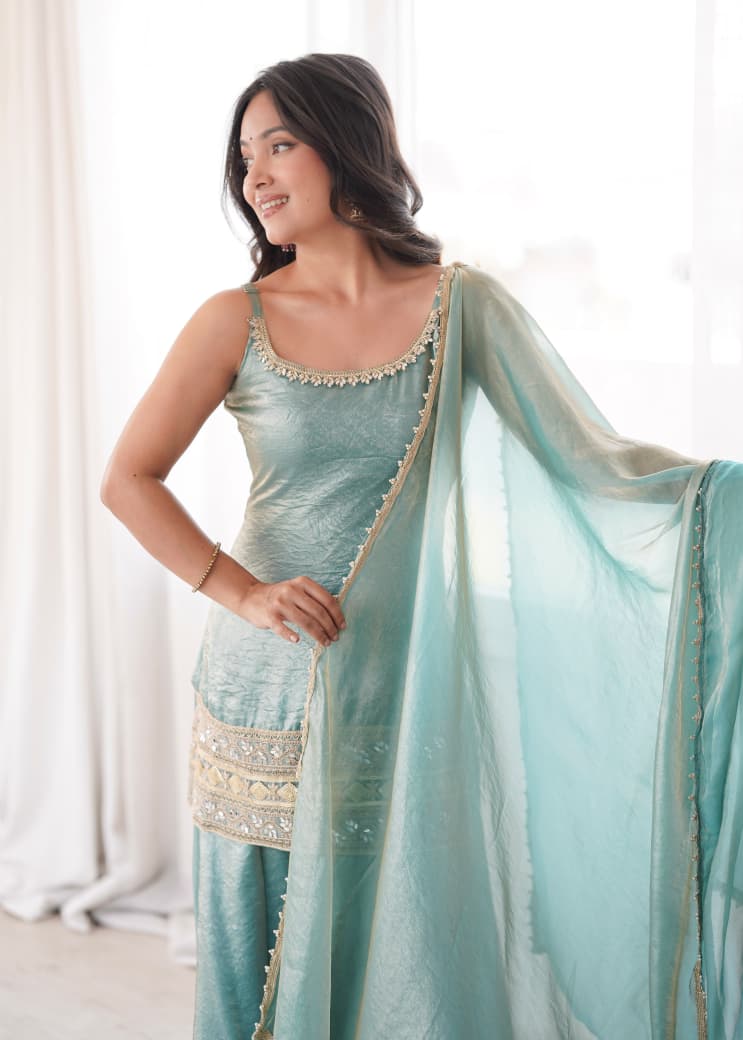 SEA GREEN EMBROIDERED PLAZZO SUIT SET