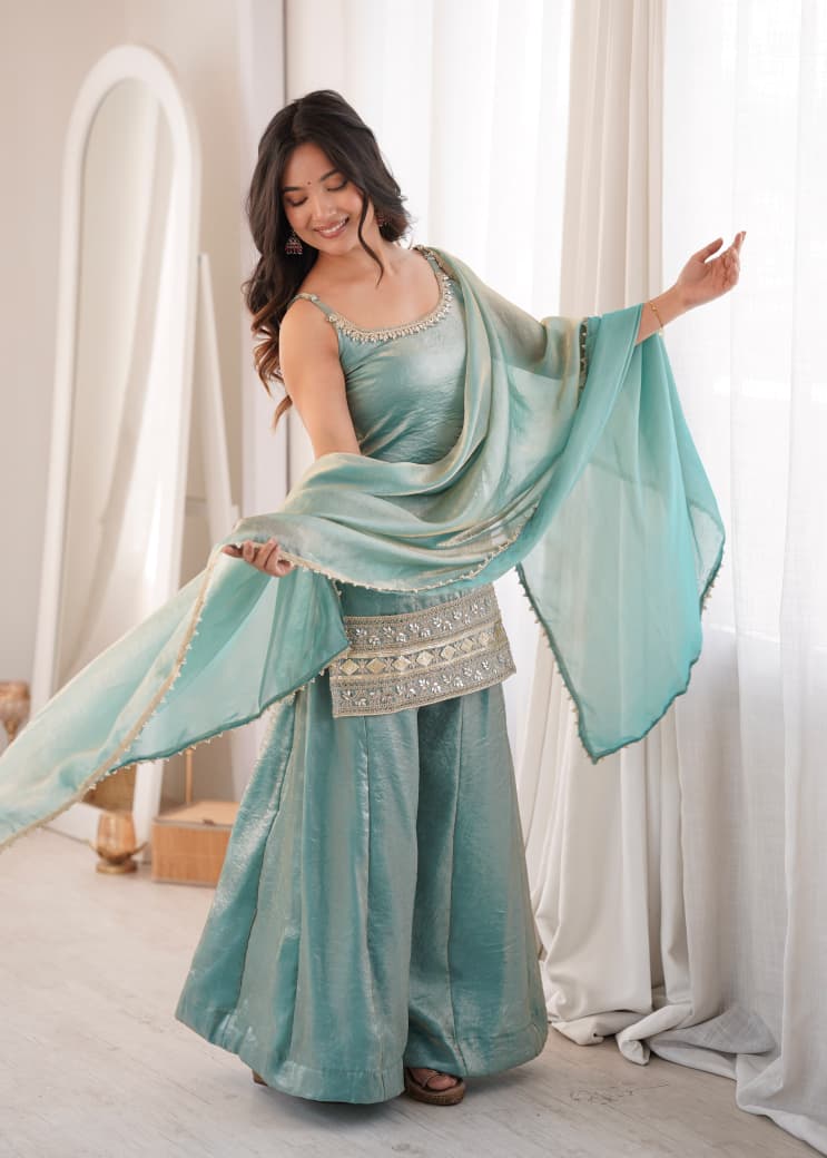 SEA GREEN EMBROIDERED PLAZZO SUIT SET