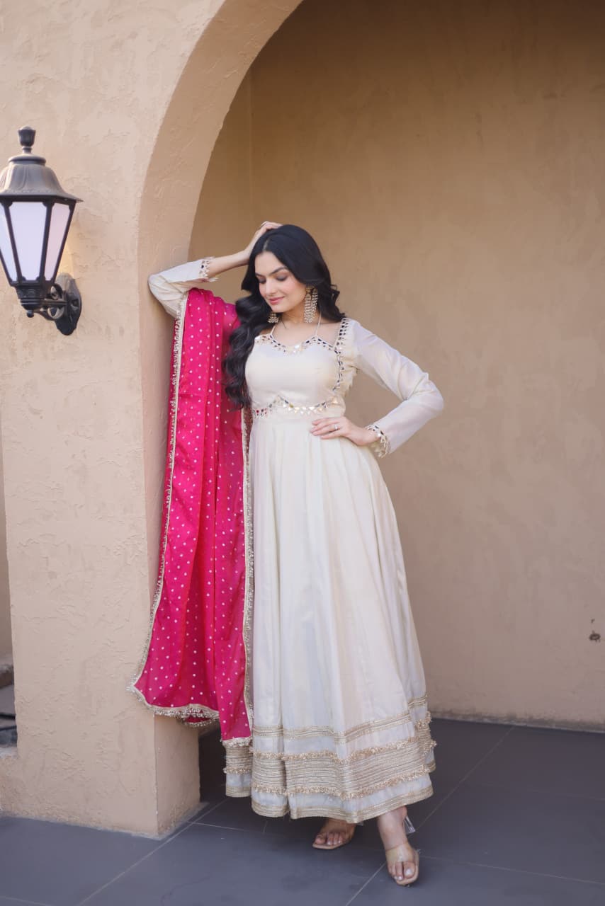 OFF - WHITE COSMOS MIRROR WORK ANARKALI SUIT WITH DUPATTA