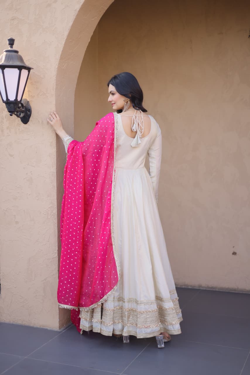 OFF - WHITE COSMOS MIRROR WORK ANARKALI SUIT WITH DUPATTA