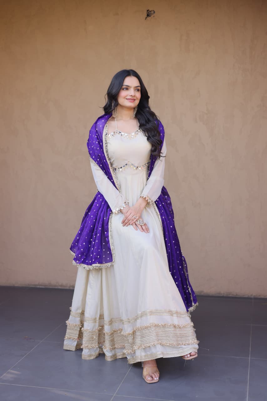 OFF - WHITE COSMOS MIRROR WORK ANARKALI SUIT WITH DUPATTA