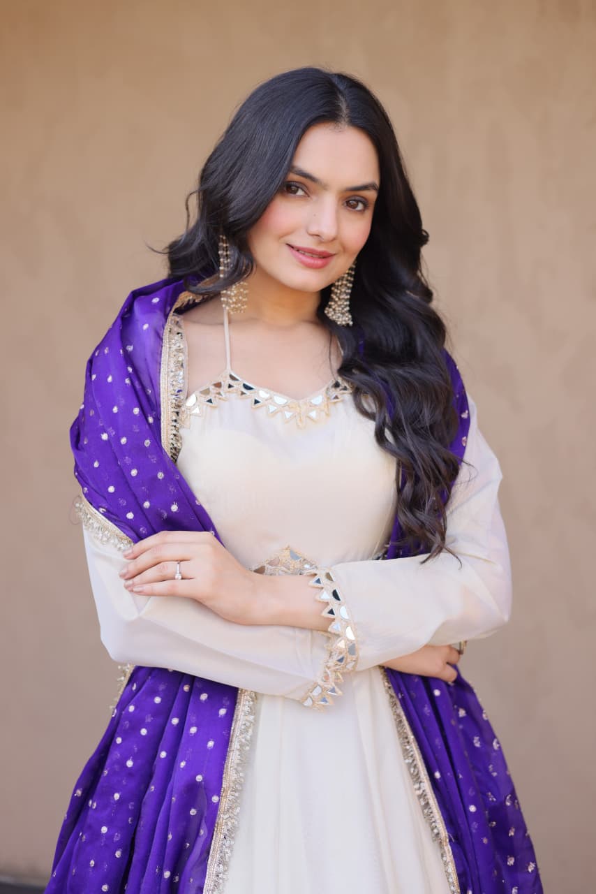 OFF - WHITE COSMOS MIRROR WORK ANARKALI SUIT WITH DUPATTA