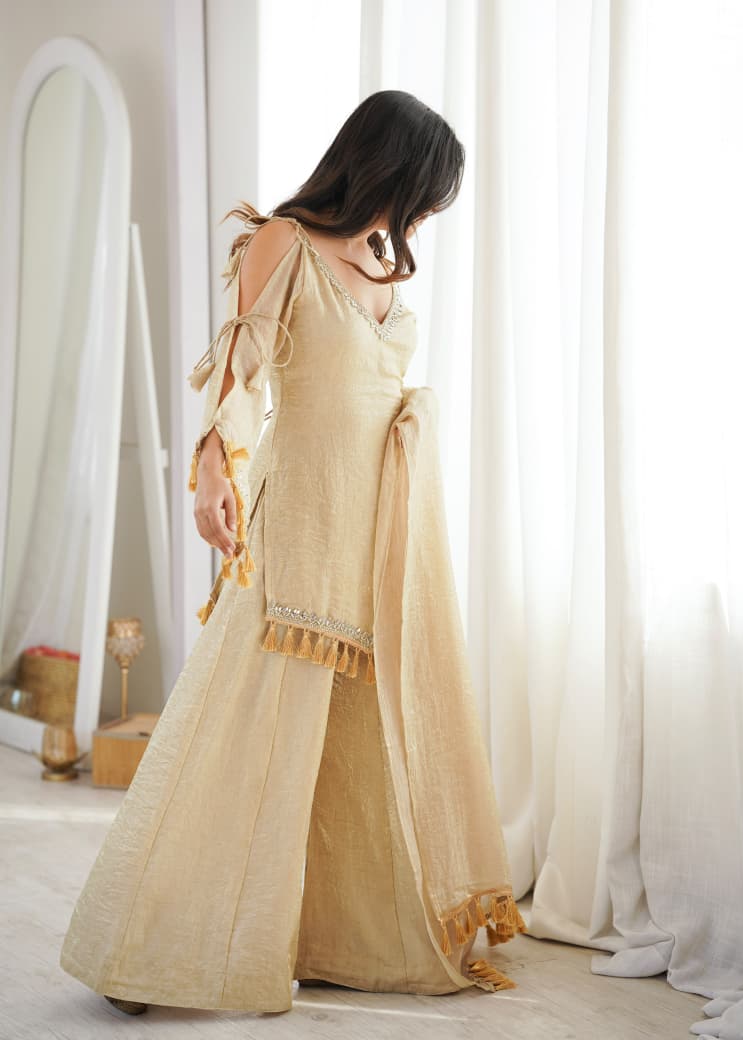 CREAM DOREMON CRUSH TOP , PLAZZO & DUPATTA SET