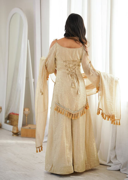 CREAM DOREMON CRUSH TOP , PLAZZO & DUPATTA SET