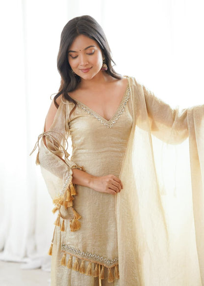 CREAM DOREMON CRUSH TOP , PLAZZO & DUPATTA SET