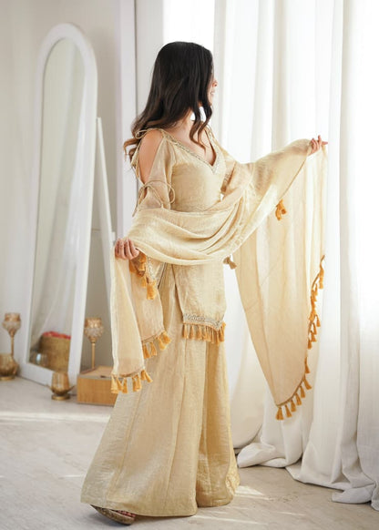 CREAM DOREMON CRUSH TOP , PLAZZO & DUPATTA SET