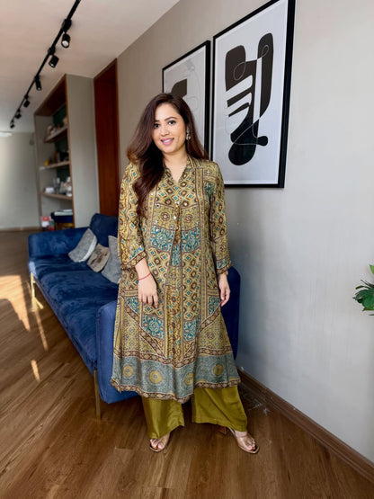 OLIVE GREEN PURE NATURAL CRAPE AJRAKH PRINT CO-ORD SET