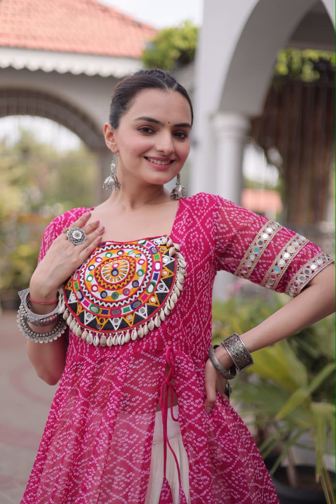 BANDHANI PRINTED KURTI WITH KORA COTTON LEHENGA