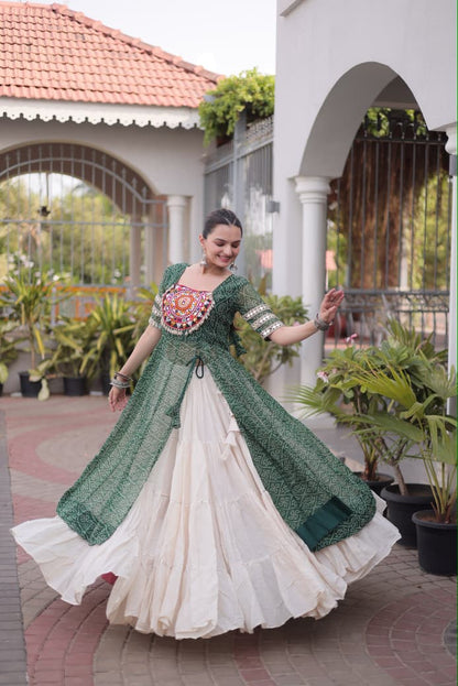 BANDHANI PRINTED KURTI WITH KORA COTTON LEHENGA