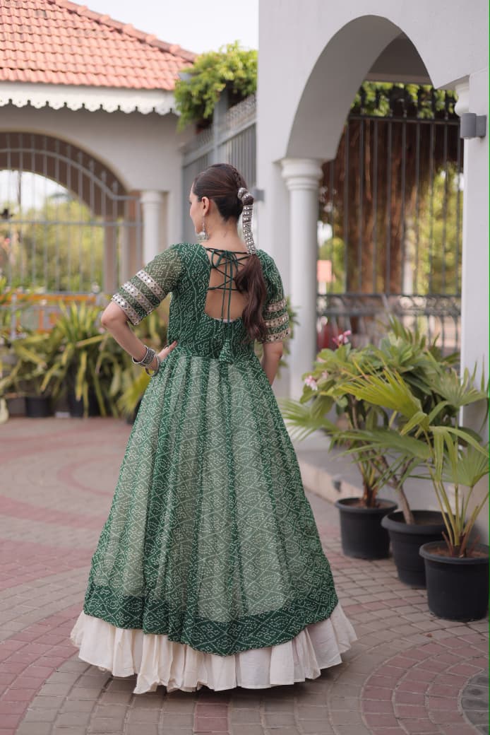BANDHANI PRINTED KURTI WITH KORA COTTON LEHENGA