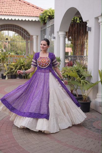 BANDHANI PRINTED KURTI WITH KORA COTTON LEHENGA