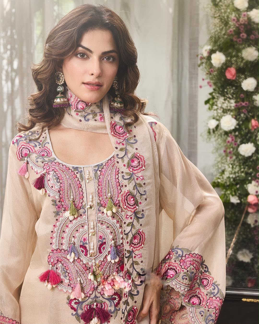 PAKISTHANI STYLE FARSHI SALWAR SUIT SET WITH PINK & PURPLE EMBROIDERY