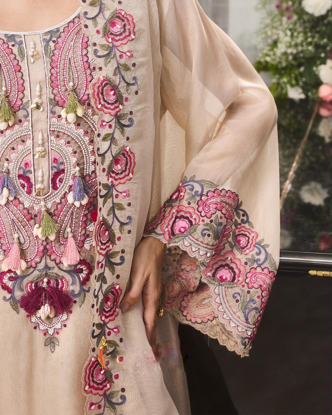 PAKISTHANI STYLE FARSHI SALWAR SUIT SET WITH PINK & PURPLE EMBROIDERY