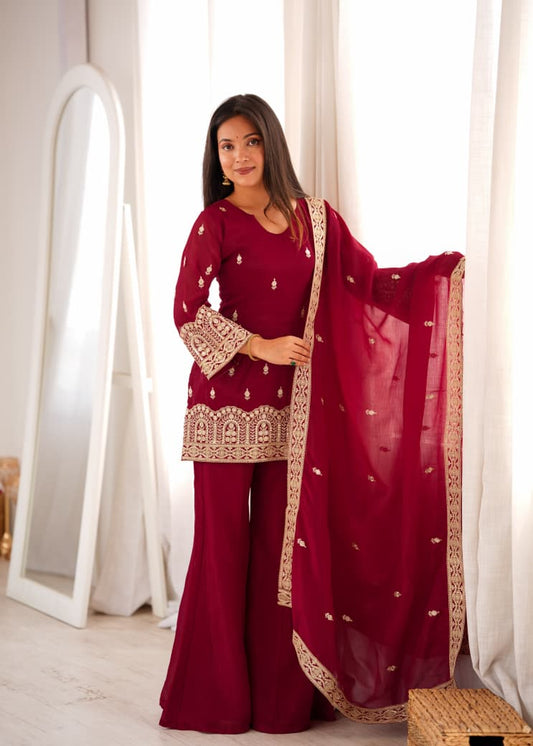MAROON CRUNCHY SILK EMBROIDERED PLAZZO SUIT SET