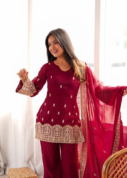 MAROON CRUNCHY SILK EMBROIDERED PLAZZO SUIT SET