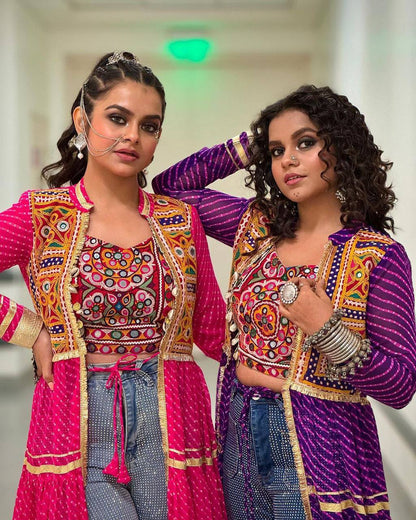 NAVRATRI BANDHANI PRINT SHRUG WITH EMBROIDERED BLOUSE SET
