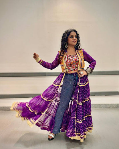 NAVRATRI BANDHANI PRINT SHRUG WITH EMBROIDERED BLOUSE SET