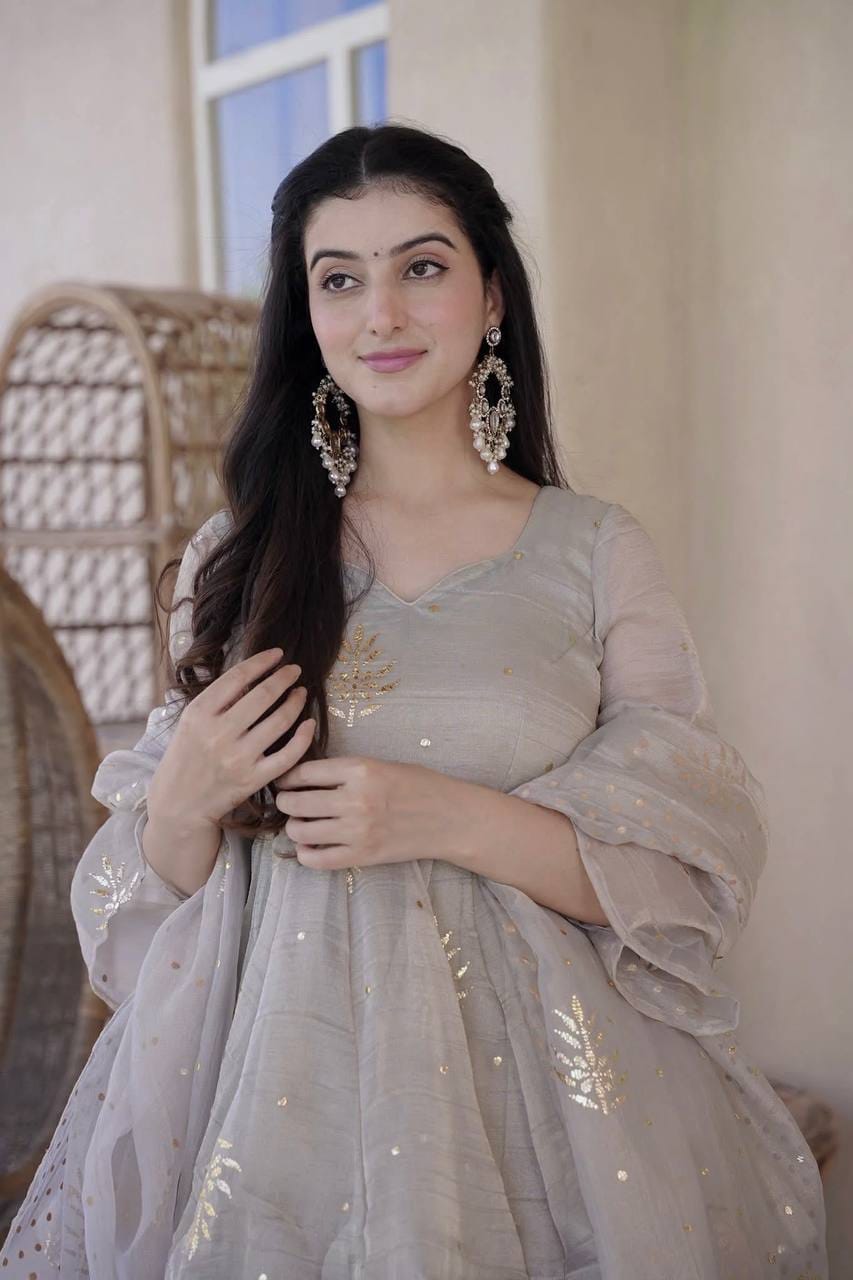GREY TABBY SILK HAND EMBROIDERED KURTI PLAZZO SET