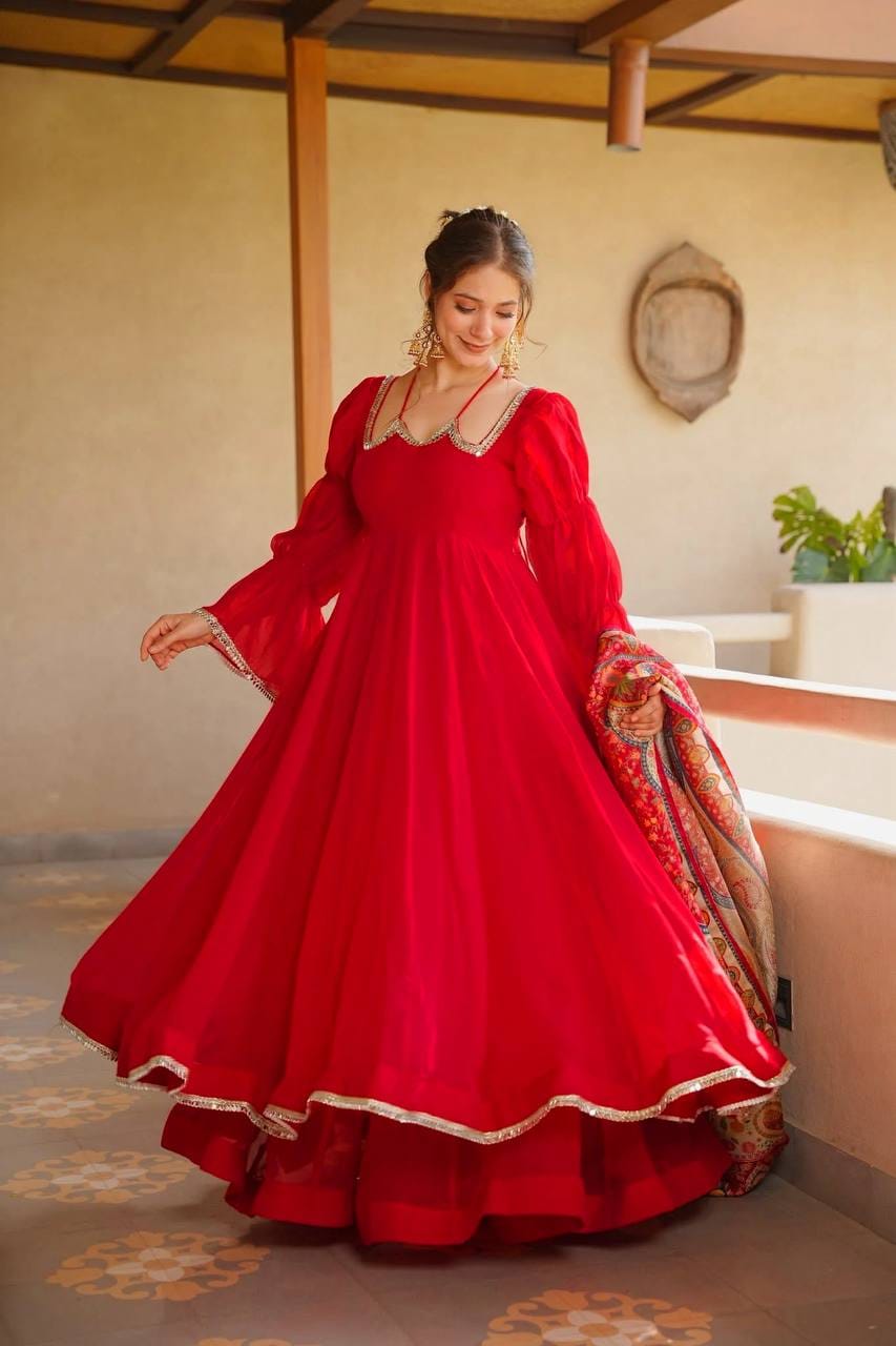 RED TABBY SILK ANARKALI SUIT SET